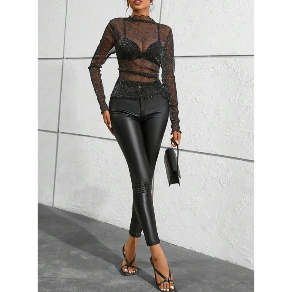 Black Shimmery Sheer Mock Neck Long Sleeve Top S | Rockstar Girlfriend Y3K Siren - Picture 12 of 16